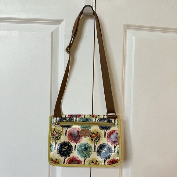 Fossil Bag Coasted Canvas Yellow Floral Bird Crossbody Purse - Picture 3 of 8